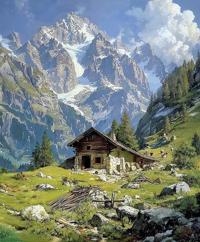 春のスイスアルプスのログハウス、キッチンの壁飾り 作： F. Abderrahim