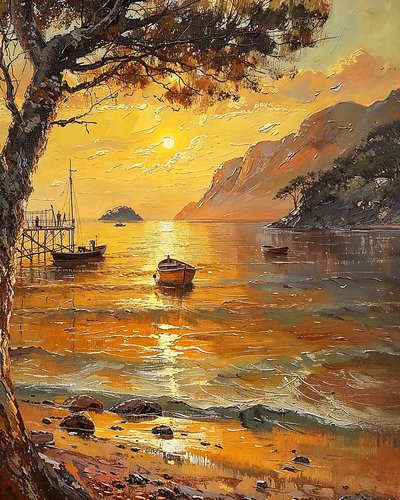 ビーチとボート、夕暮れのサンセット、ウォールデコ販売 作： F. Abderrahim