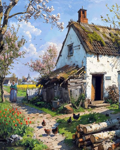 田園地帯の伝統的な小屋の前にいる鳥たち 作： F. Abderrahim