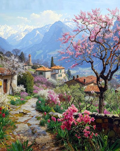 山岳地帯の草花に囲まれた美しい村 作： F. Abderrahim