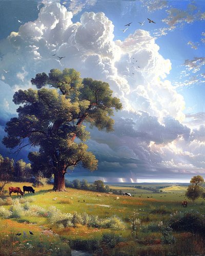 陽のあたる草原のある風景、寝室のための額装された壁の装飾 作： F. Abderrahim