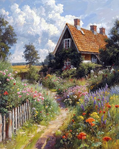 かわいい家、花園、植物風景、キャンバスプリント 作： F. Abderrahim
