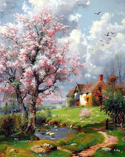 古い家と花咲く木々のある風景、部屋のための壁の装飾 作： F. Abderrahim