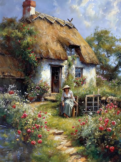 田舎の小屋の前の庭に座る女性。 作： F. Abderrahim