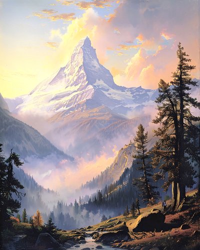 遠くの山のある風景、モダンな壁飾りのアイデア 作： F. Abderrahim
