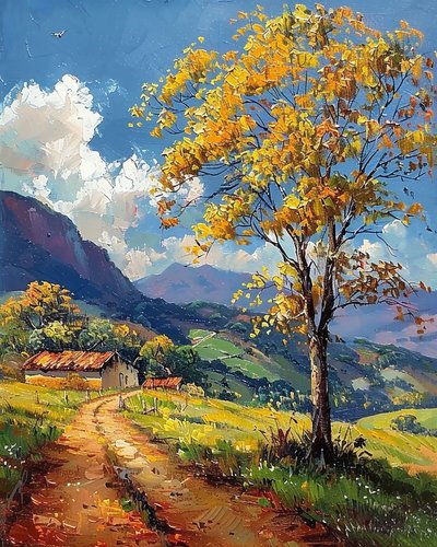 カラフルな秋の山々の風景、ウォールデコレーション 作： F. Abderrahim