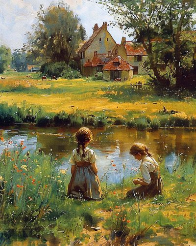 田舎の家の外で遊ぶ子供たち, キャンバスプリント 作： F. Abderrahim