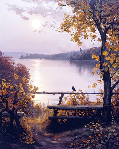 湖に隣接する田舎の家の庭、風景画 作： F. Abderrahim