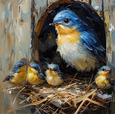 木の上の巣にいるカラフルな鳥とその子供、寝室の壁飾り 作： F. Abderrahim