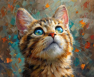 見上げる青い目のかわいい猫、クローズアップされた動物の顔、壁の装飾 作： F. Abderrahim