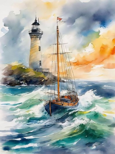 灯台、波、海の波のボート 絵画、モダンな壁飾り 作： F. Abderrahim
