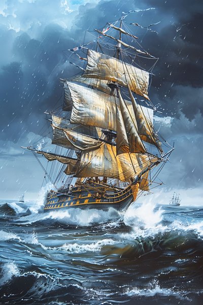 荒波の中、帆をいっぱいに張ったフリゲート艦の油絵 作： F. Abderrahim