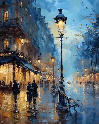 雨上がりの夜、印象派のパリの通り、クラシックな壁の装飾 作： F. Abderrahim