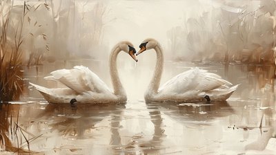 対面する2羽の白鳥, キャンバス地  額装された壁飾り 作： F. Abderrahim