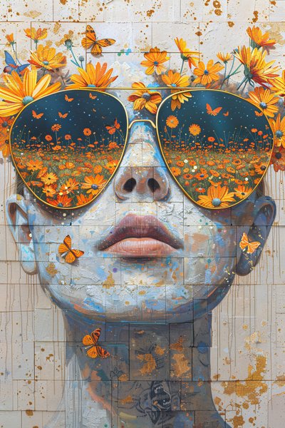 オリンポスの花と女性の顔のクローズアップ、モダンな壁の装飾 作： F. Abderrahim