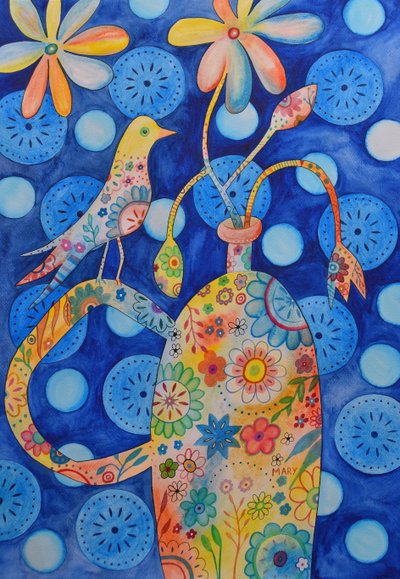 花瓶の上の鳥 作： Marys Watercolors