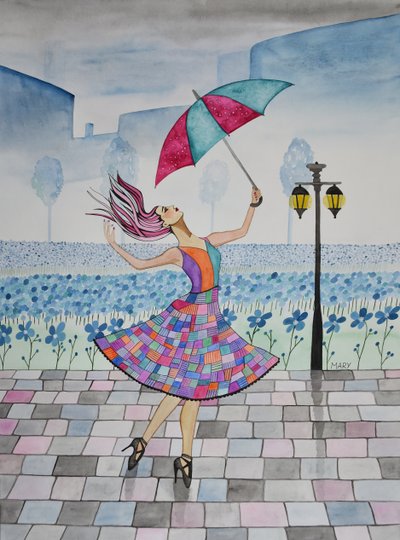 彼女は雨の中で踊る 作： Marys Watercolors