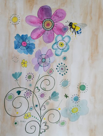 ミツバチとその花 作： Marys Watercolors
