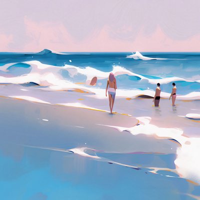 波の浜の人々のミニマリストの水彩画、壁の装飾 販売 作： ファフタリ・アブデラヒム