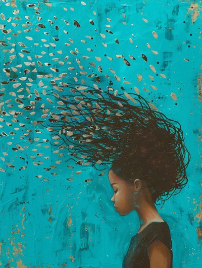水の中で動く髪の少女、幻想的な印刷可能な壁のアート 作： ファフタリ・アブデラヒム