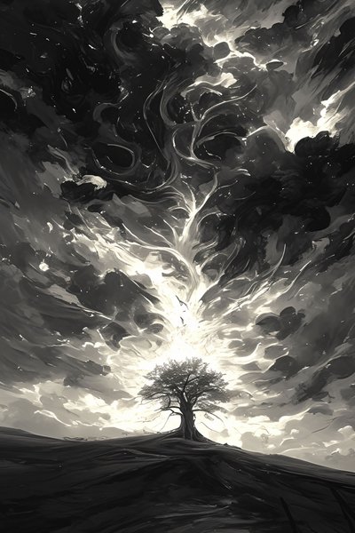 暗い夜と明るい月光 叙事詩的でドラマチックな嵐雲と木 壁飾り 作： ファフタリ・アブデラヒム