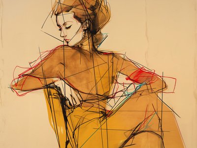エレガントな茶色のドレスを着た女性の肖像画。 作： ファフタリ・アブデラヒム