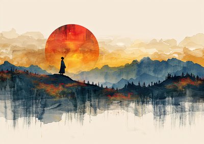 ゲイシャ・スタンディング、ミニマルな風景と夕日、モダンな壁飾り｜オンデマンド印刷 作： ファフタリ・アブデラヒム