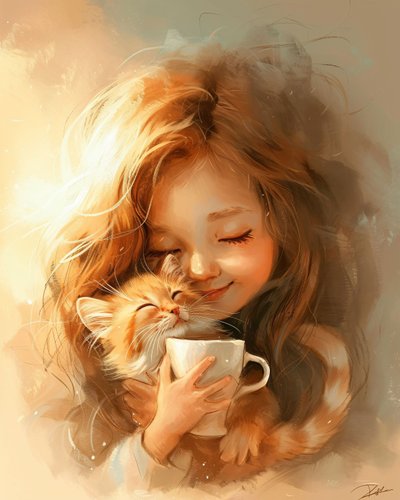 小さな女の子と猫、そしておいしいコーヒーへの愛」額装壁飾り 作： ファフタリ・アブデラヒム