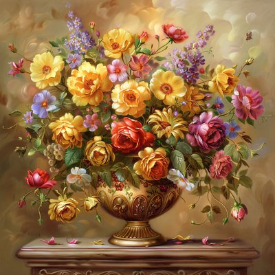 ミッドセンチュリー・ペインテッド・スタイルの花瓶、豊かな黄金色のアクセント、オンライン・アートプリント 作： ファフタリ・アブデラヒム