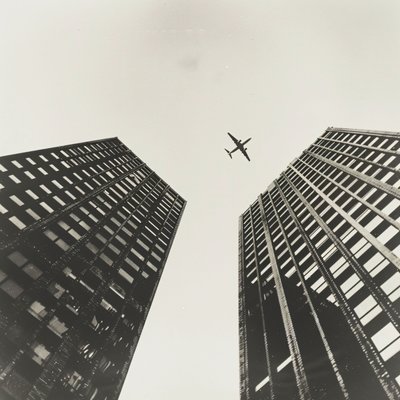 2つのタワーを横切って飛ぶ飛行機、黒と黒の写真、オンデマンドでウォールアートプリント 作： ファフタリ・アブデラヒム