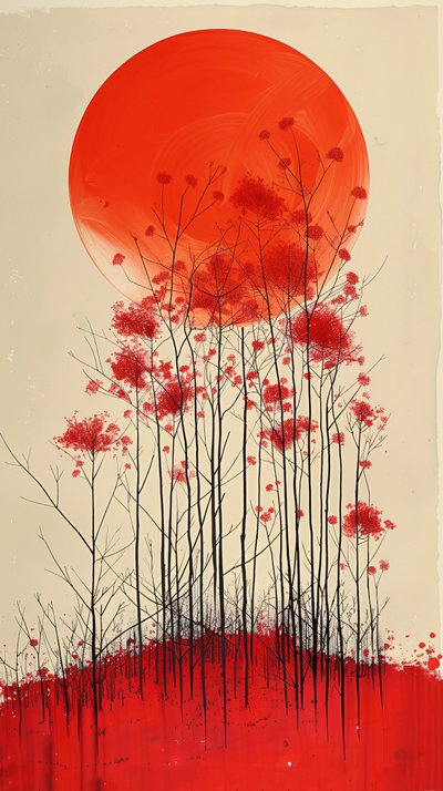 赤い花の丘の夕日 絵画 垂直壁 販売 作： ファフタリ・アブデラヒム