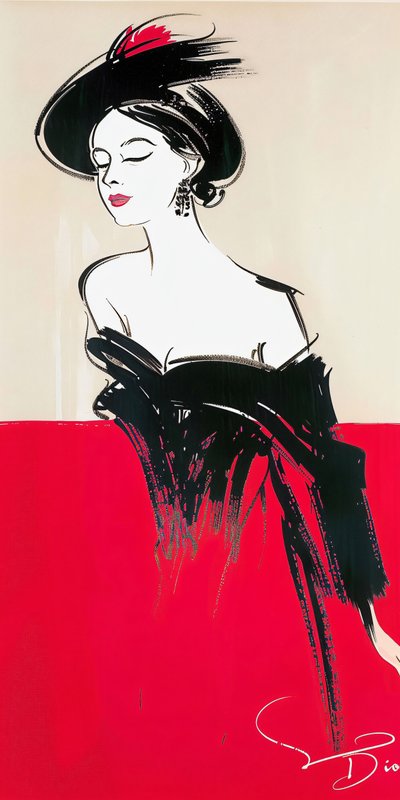 化粧をしてポーズをとる女性、赤と黒のドレス、ルネ・グルーのインスピレーション、60年代ファッション 作： ファフタリ・アブデラヒム