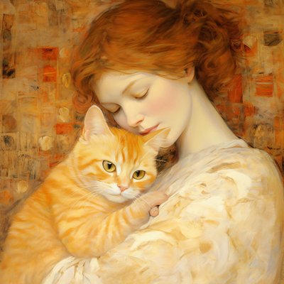 若い女性が子猫を抱きしめるブロッホ・バウアー・スタイル, カスタム・キャンバス・プリント 作： ファフタリ・アブデラヒム