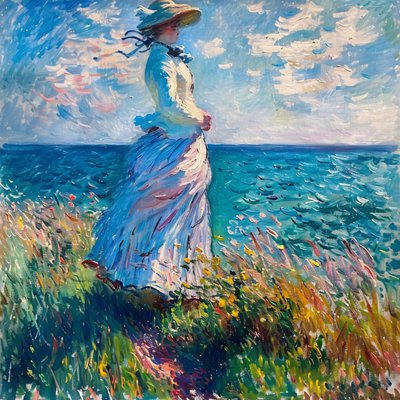 自然の中でドレスを着た若い女性、浜辺に立っている、モネ・スタイル 作： ファフタリ・アブデラヒム
