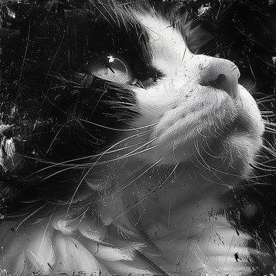 拡大された白黒の猫の顔のミニマリスト・スケッチ、ウォールデコ・プリント 作： ファフタリ・アブデラヒム