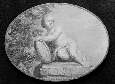 緑を背景に台座に置かれたプット、18世紀。 作： 18th century . French Painter