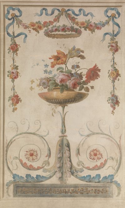 葉状の巻物に置かれた花瓶、1770-90。 作： 18th century . French Painter