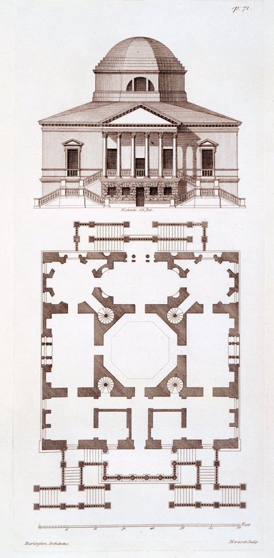 チズウィックハウスの計画と立面図、ヘリセット作、1720年代頃 作： 3rd Earl of Burlington