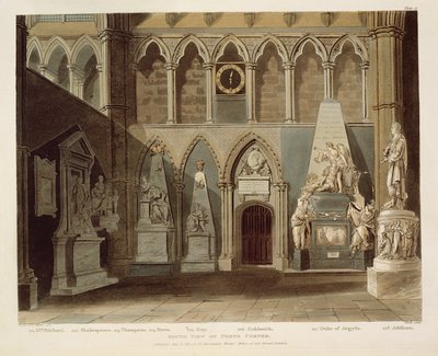 J.ブラック（fl.1791-1831）pubによって彫刻された、詩人のコーナーのサウスビュー、「ウェストミンスター修道院」からのプレート27。ルドルフ・アッカーマン（1764-1834）1811（アクアチント） 作： A.C. and Villiers, H. Pugin