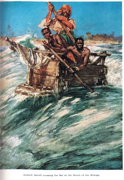 バテルはムベンゴの河口に到着し、イラストは「黄金の貿易の国」からジャックが1921年に出版した 作： A.D. McClintock