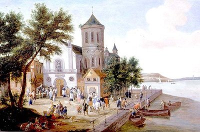 教会の広場に人物がいる海岸の風景 作： A.F. and Bouts P. Boudewyns