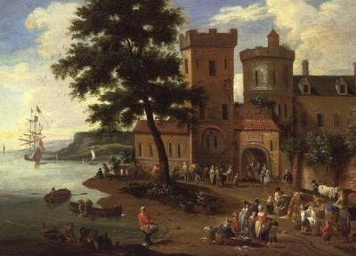 漁獲物を荷揚げする漁師や、荘園を出発する紳士たち 作： A.F. and Bouts P. Boudewyns
