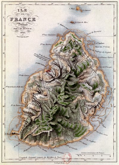 モーリシャスの地図、アンリベルナルディンドサンピエール（ポール1世とバージニー）のイラスト、1836年、ディオンネットによって彫刻されたサンピエール（1737-1814） 作： A.H. Dufour