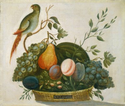 オウムの入ったフルーツバスケット、1777年。 作： A.M. Randall