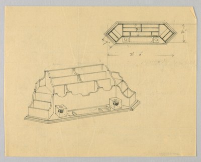 平面図と立面図のデスク オーガナイザーのデザイン 作： A.N. Davenport Co.