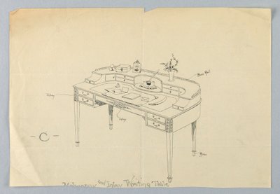 真鍮の足と真鍮の手すりを備えた半円形のライティングテーブル「C」のデザイン 作： A.N. Davenport Co.