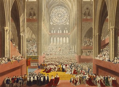 1821年7月19日、ウィリアムジェームズベネット（1787-1844）によって刻まれたキングジョージ4世の戴冠式（1762-1830）を記念したアルバムから、1824年に出版されたオマージュの儀式 作： A.W. and Stephanoff Pugin