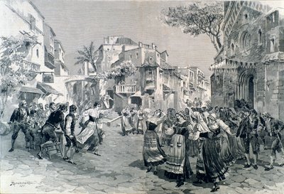 1891年にスカラ座で上演されたマスカーニのオペラ「カヴァレリア・ルスティカーナ」のラストシーン。 作： A. (after) Bonamore