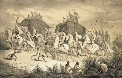 ルイ・アンリ・ド・ラダー（1807-81）のパブによって彫刻された、「インドへの航海」からの象に乗ったシーク教徒の酋長の騎兵隊。 ロンドンで 作： A. (after) Soltykoff