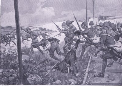 フレデリクスタッドでのスコットランド民兵の告発、プレトリア後のイラスト：ゲリラ戦争、1902 作： A. C. Ball